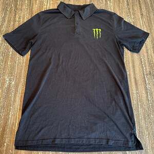 Monster Energy Polo Shirt Black Performance Stretch Short Sleeve Mens Medium EUC